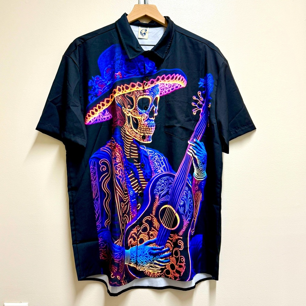 NWT Mens Hardaddy Button Down Shirt Skeleton Guitar M